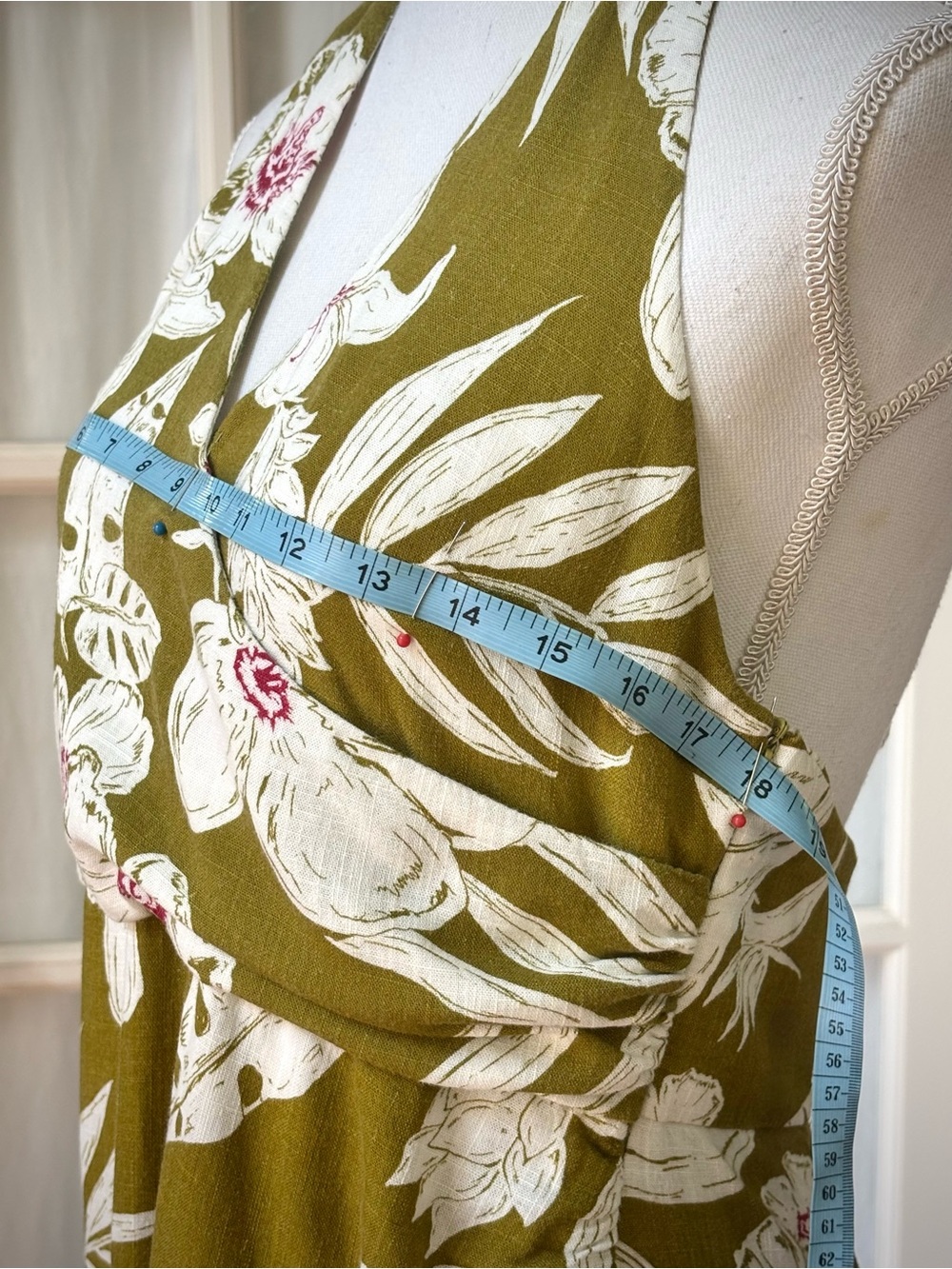 Zara Olive Floral Linen Blend Halter Twist Front Midi Dress L - Picture 9 of 12